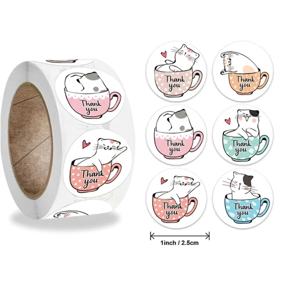 Other - 500 1”  Stickers, Kitty in Teacup, 1 inch , Thank You, Roll, PRICE IS FIRM